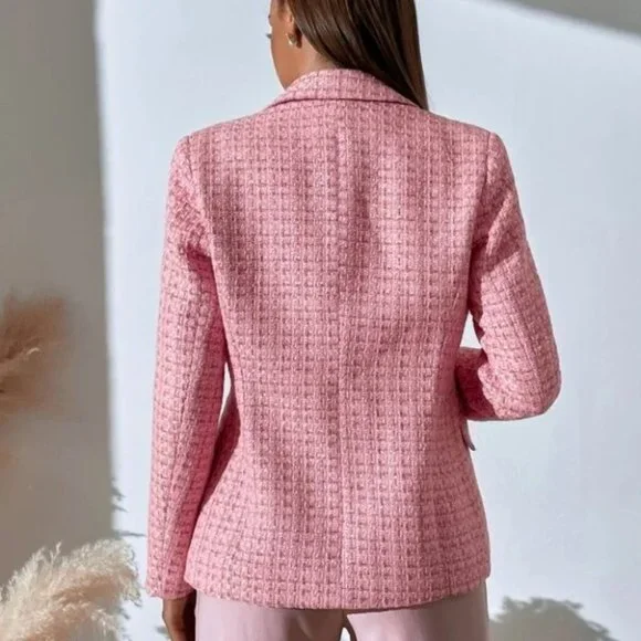 Pink Tweed Plaid Double Breasted Blazer - Picture 3 of 6